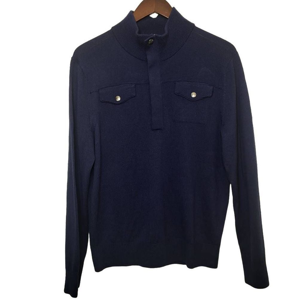 Banana Republic Mens Italian Wool Quarter Zip Sweater Size Medium Navy Ribbed
